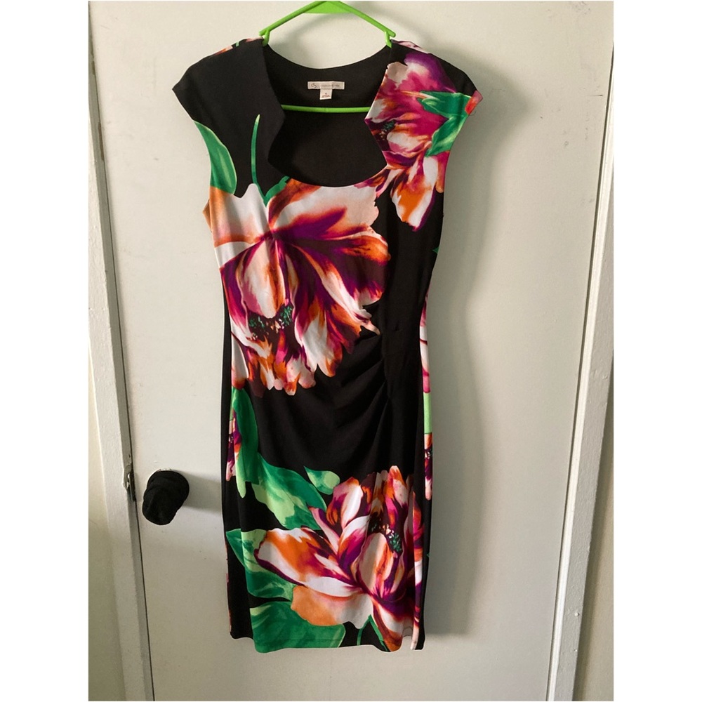 Black dress with floral print, size 4.